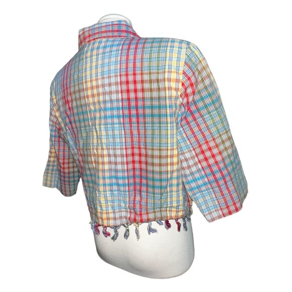 Onque Casuals Vintage Plaid Tassel Hem Collared Crop Top Sz Large Womens MultiCo - Picture 7 of 7